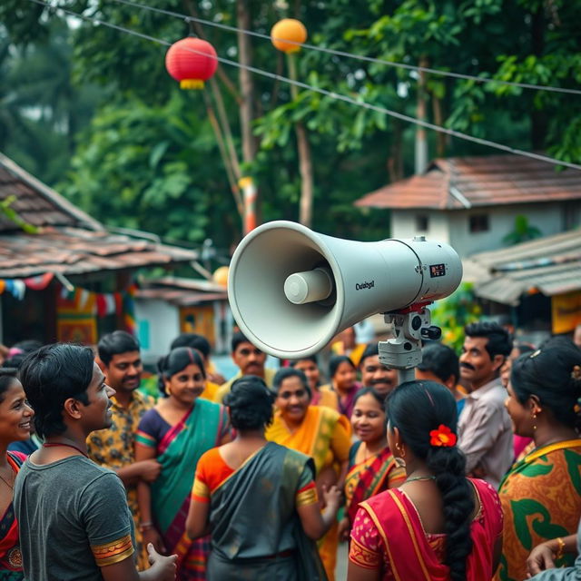 A lively scene in a Tamil village featuring a loudspeaker broadcasting announcements, music, or community messages