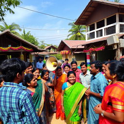 A lively scene in a Tamil village featuring a loudspeaker broadcasting announcements, music, or community messages