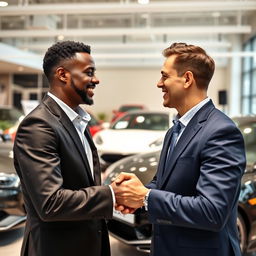 A scene depicting a dark-skinned man and a man with a medium skin tone shaking hands, symbolizing a successful business agreement or partnership