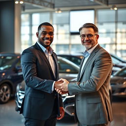 A scene depicting a dark-skinned man and a man with a medium skin tone shaking hands, symbolizing a successful business agreement or partnership