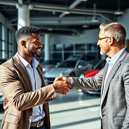 A scene depicting a dark-skinned man and a man with a medium skin tone shaking hands, symbolizing a successful business agreement or partnership