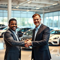 A scene depicting a dark-skinned man and a man with a medium skin tone shaking hands, symbolizing a successful business agreement or partnership