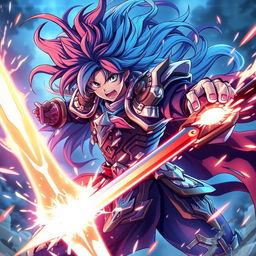 A powerful anime warrior mid-battle, showcasing intense emotion and determination