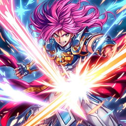 A powerful anime warrior mid-battle, showcasing intense emotion and determination