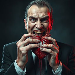 A portrait of a forty-year-old unpleasant man with an evil smile, holding a bloody heart and biting off a piece