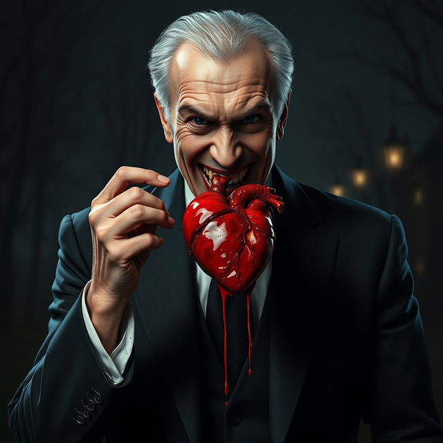 A portrait of a forty-year-old unpleasant man with an evil smile, holding a bloody heart and biting off a piece