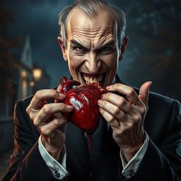A portrait of a forty-year-old unpleasant man with an evil smile, holding a bloody heart and biting off a piece