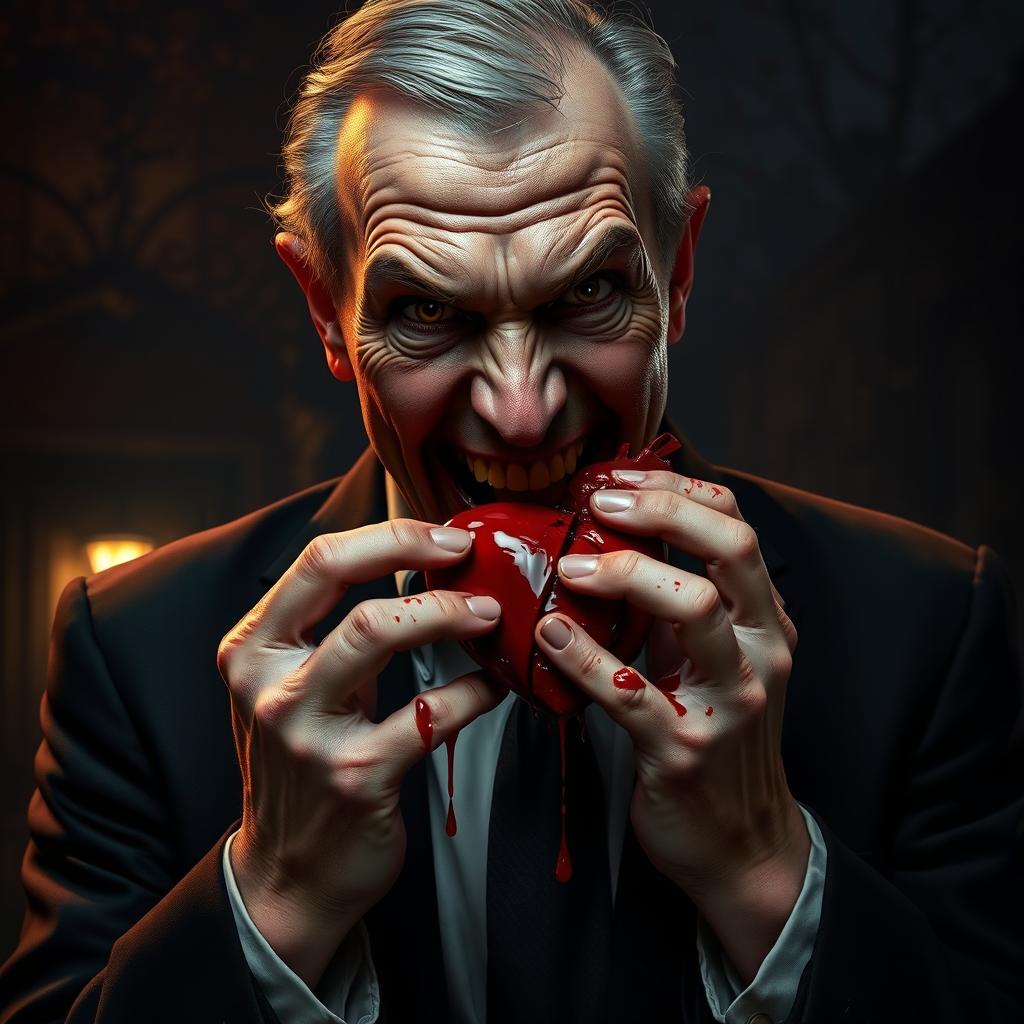 A portrait of a forty-year-old unpleasant man with an evil smile, holding a bloody heart and biting off a piece