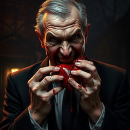 A portrait of a forty-year-old unpleasant man with an evil smile, holding a bloody heart and biting off a piece