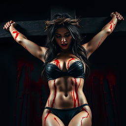 A dramatic and artistic interpretation featuring a stunning woman resembling Georgina Rodriguez, portrayed in a striking black bikini