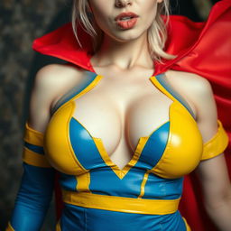 Close-up on the chest and torso of a gorgeous white female in cosplay, wearing a stunning blue and yellow costume