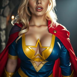 Close-up on the chest and torso of a gorgeous white female in cosplay, wearing a stunning blue and yellow costume