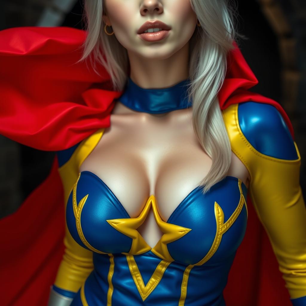 Close-up on the chest and torso of a gorgeous white female in cosplay, wearing a stunning blue and yellow costume