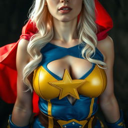 Close-up on the chest and torso of a gorgeous white female in cosplay, wearing a stunning blue and yellow costume