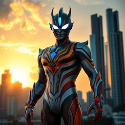 A heroic figure resembling Ultraman, inspired by Indonesian culture, standing tall against a dramatic urban backdrop