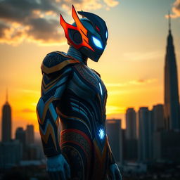 A heroic figure resembling Ultraman, inspired by Indonesian culture, standing tall against a dramatic urban backdrop