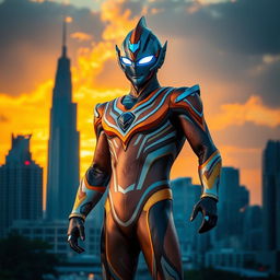 A heroic figure resembling Ultraman, inspired by Indonesian culture, standing tall against a dramatic urban backdrop