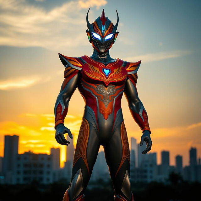 A heroic figure resembling Ultraman, inspired by Indonesian culture, standing tall against a dramatic urban backdrop