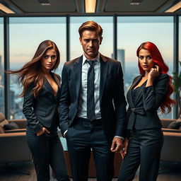 A dramatic office scene depicting a love triangle between two beautiful women and a successful billionaire CEO