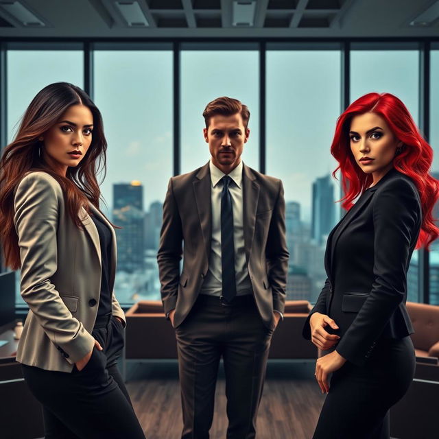 A dramatic office scene depicting a love triangle between two beautiful women and a successful billionaire CEO