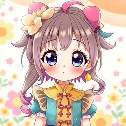 A cute anime girl with big expressive eyes and colorful hair, styled in a playful and charming way, featuring a vibrant outfit with intricate details