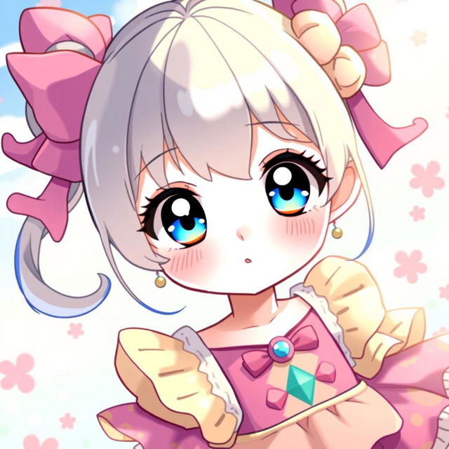 A cute anime girl with big expressive eyes and colorful hair, styled in a playful and charming way, featuring a vibrant outfit with intricate details