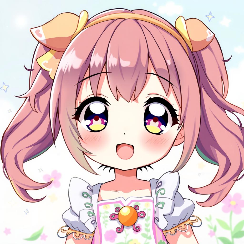 A cute anime girl with big expressive eyes and colorful hair, styled in a playful and charming way, featuring a vibrant outfit with intricate details