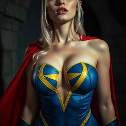 A close-up torso shot of a gorgeous white female in a vibrant blue and yellow costume with a star-shaped hole in the chest, accentuating her large chest and cleavage