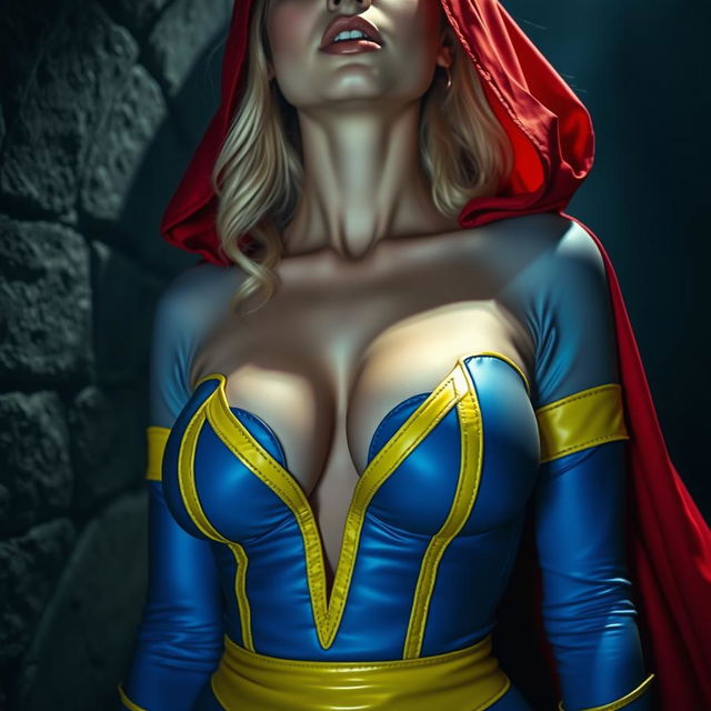 A close-up torso shot of a gorgeous white female in a vibrant blue and yellow costume with a star-shaped hole in the chest, accentuating her large chest and cleavage