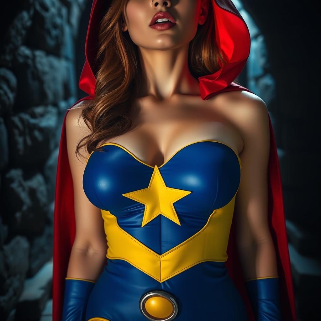 A close-up torso shot of a gorgeous white female in a vibrant blue and yellow costume with a star-shaped hole in the chest, accentuating her large chest and cleavage