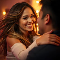 A beautiful woman with long, flowing hair and an alluring smile, energetically engaging in a playful and intimate moment
