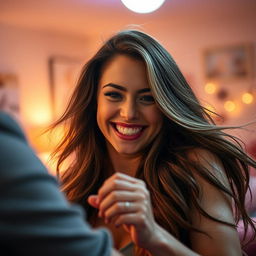 A beautiful woman with long, flowing hair and an alluring smile, energetically engaging in a playful and intimate moment