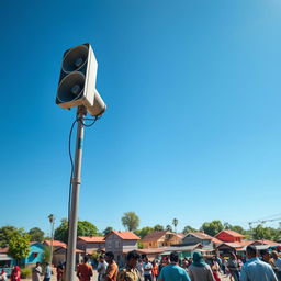A striking image of a loudspeaker mounted on a tall pole, symbolizing communication and connection in a vibrant community setting