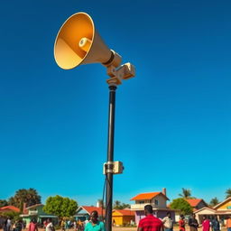 A striking image of a loudspeaker mounted on a tall pole, symbolizing communication and connection in a vibrant community setting