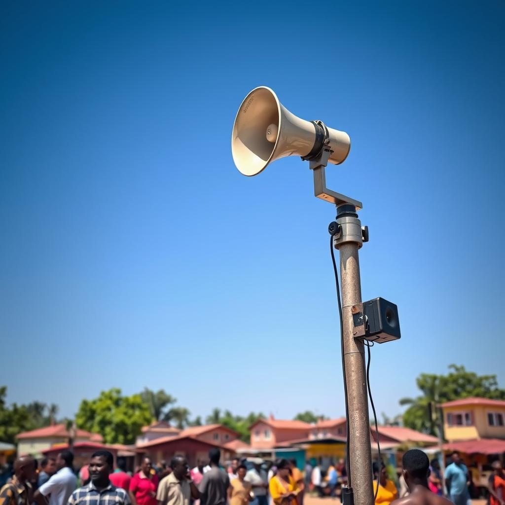 A striking image of a loudspeaker mounted on a tall pole, symbolizing communication and connection in a vibrant community setting