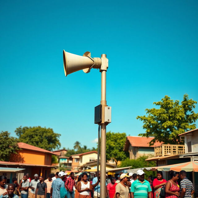 A striking image of a loudspeaker mounted on a tall pole, symbolizing communication and connection in a vibrant community setting