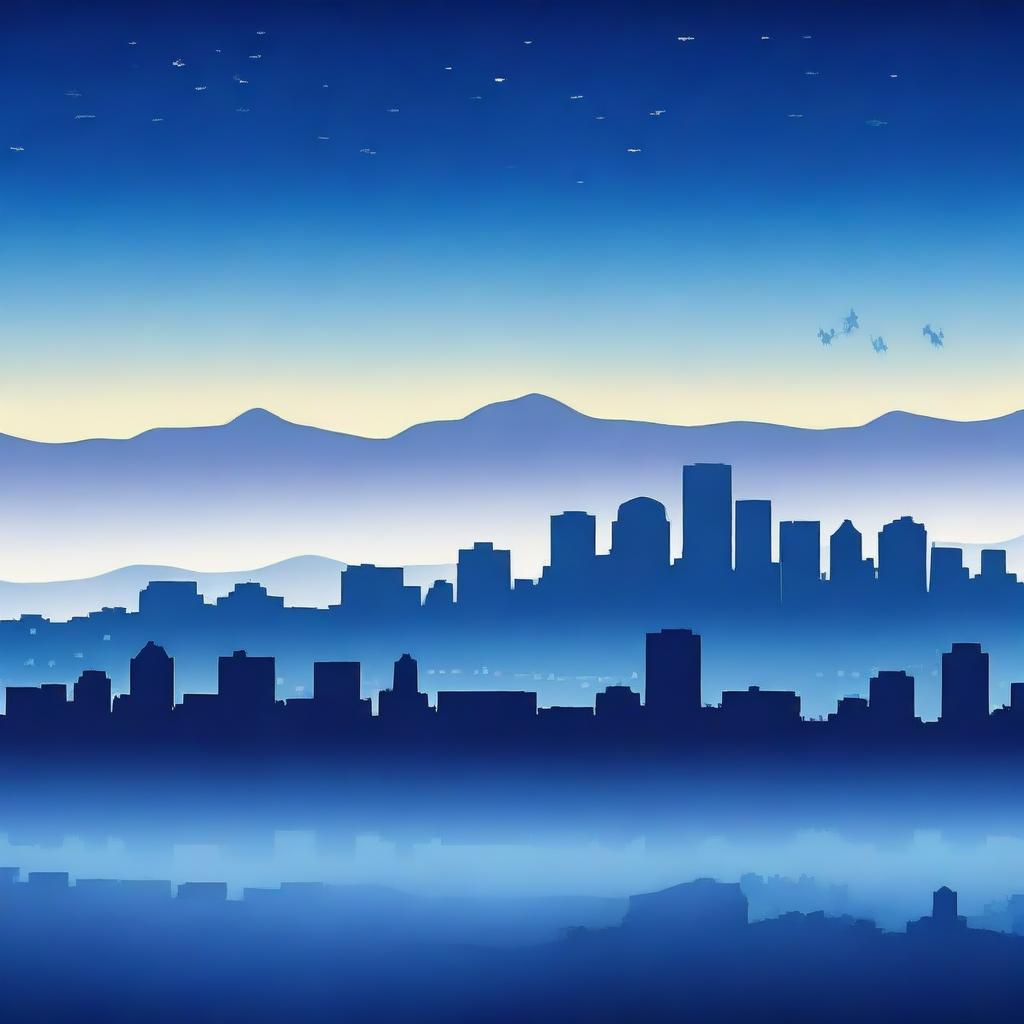 This digital art image captures the beauty of the blue hour, with a sky transitioning from deep indigo to light azure