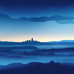 This digital art image captures the beauty of the blue hour, with a sky transitioning from deep indigo to light azure