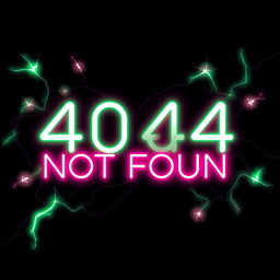 An electrifying illustration of the text '404 Not Found' styled like glowing neon lights, featuring bright hues of green and pink