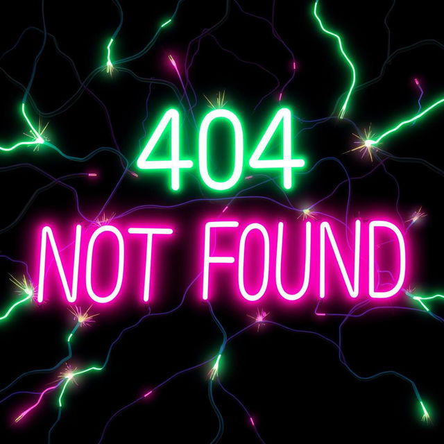 An electrifying illustration of the text '404 Not Found' styled like glowing neon lights, featuring bright hues of green and pink