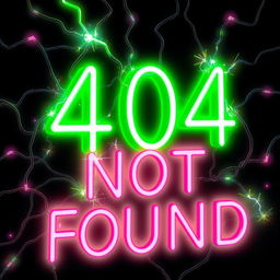 An electrifying illustration of the text '404 Not Found' styled like glowing neon lights, featuring bright hues of green and pink