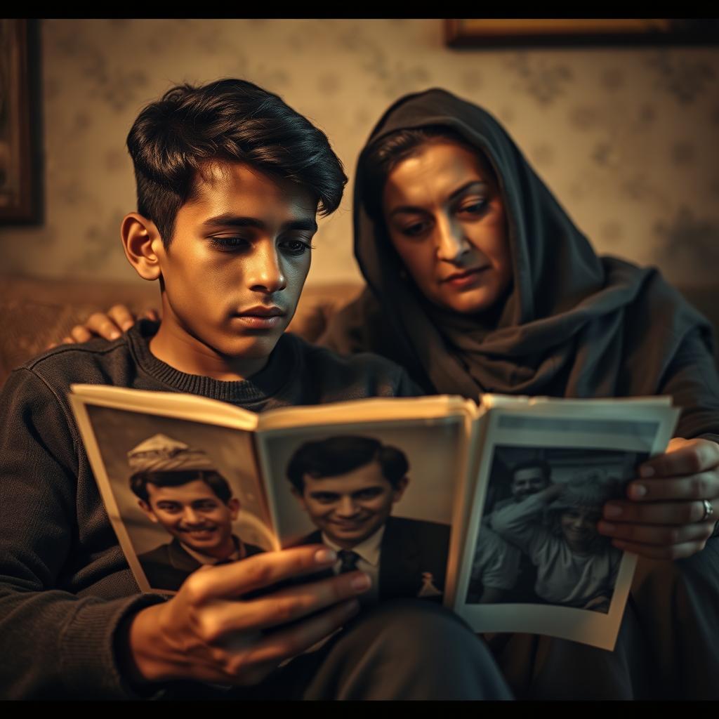 A nostalgic scene depicting a young man named Ali sitting beside his mother, who is quietly looking through old photographs