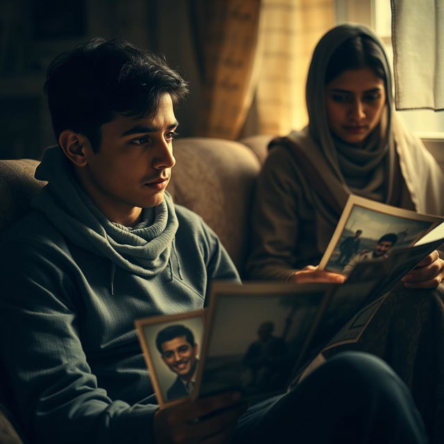 A nostalgic scene depicting a young man named Ali sitting beside his mother, who is quietly looking through old photographs