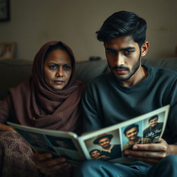 A nostalgic scene depicting a young man named Ali sitting beside his mother, who is quietly looking through old photographs