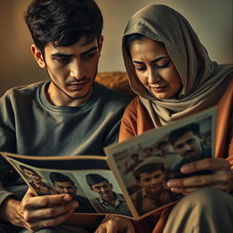 A nostalgic scene depicting a young man named Ali sitting beside his mother, who is quietly looking through old photographs