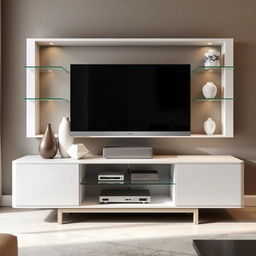 A modern TV stand design, featuring sleek lines and a minimalist aesthetic