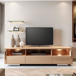 A modern TV stand design, featuring sleek lines and a minimalist aesthetic