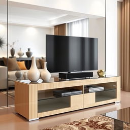 A modern TV stand design, featuring sleek lines and a minimalist aesthetic