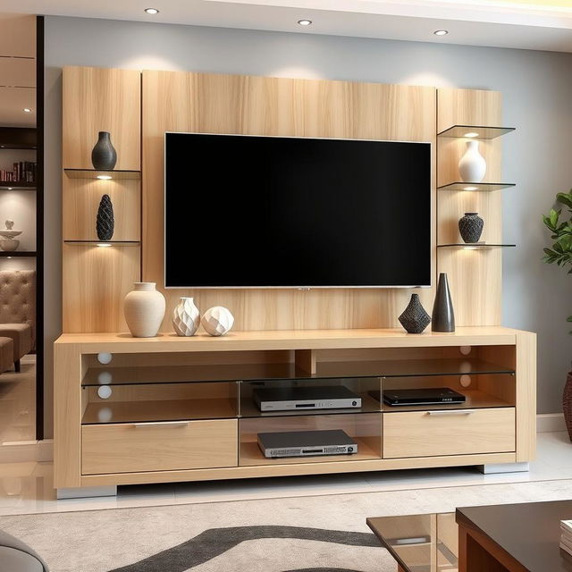 A modern TV stand design, featuring sleek lines and a minimalist aesthetic