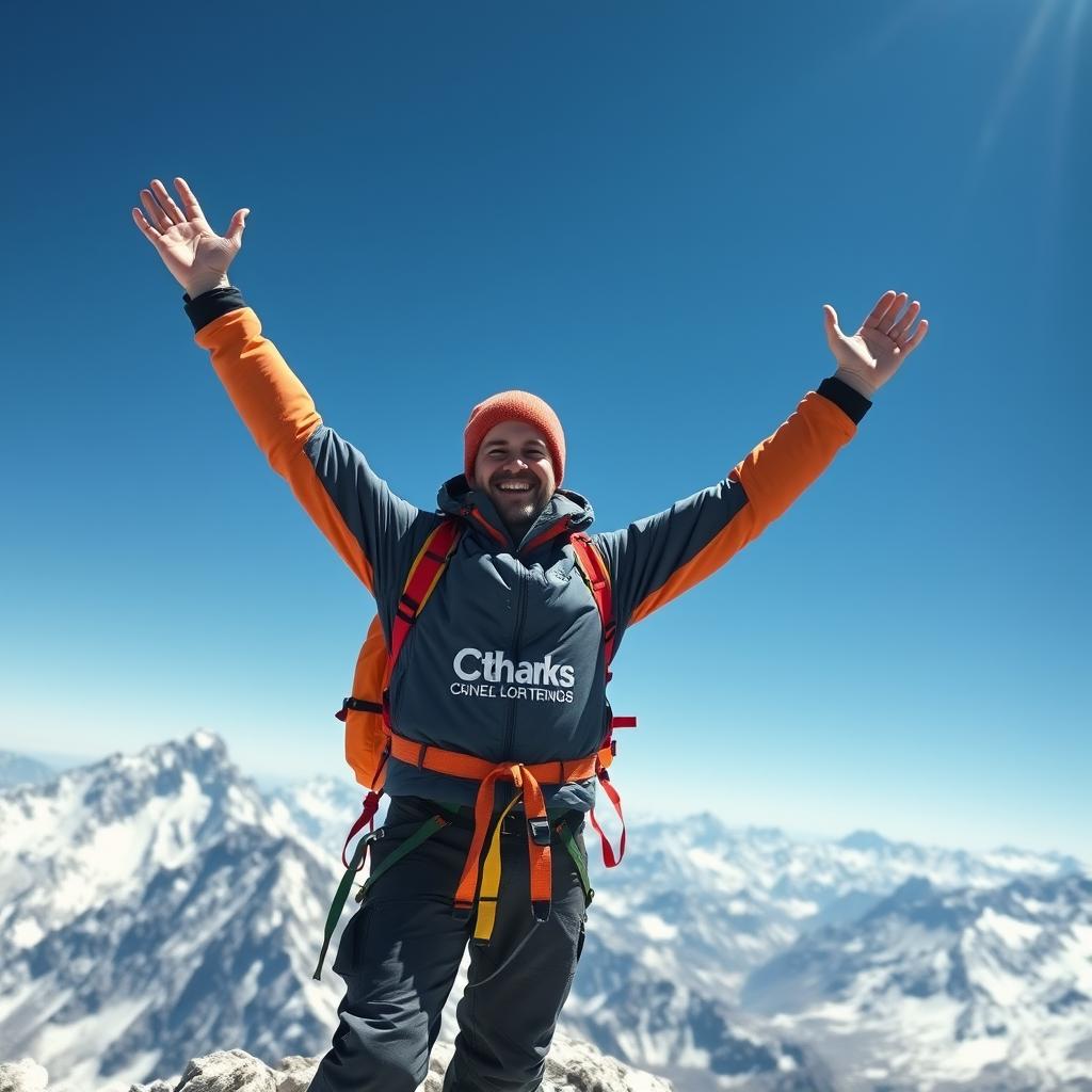 A mountaineer celebrating at the peak of a majestic mountain, raising arms triumphantly against a clear blue sky